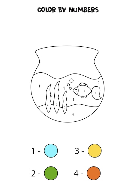 Color cartoon aquarium by numbers worksheet for kids