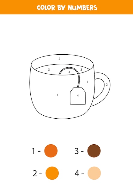 Color cartoon cup of tea by numbers worksheet for kids