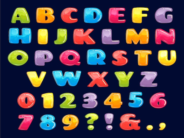 Color cartoon font. Chubby colored letters, fun kids games alphabet and funny child letter  illustration set