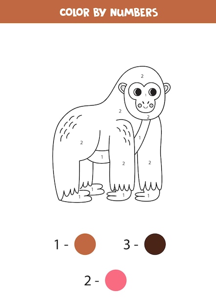 Color cartoon gorilla by numbers Worksheet for kids