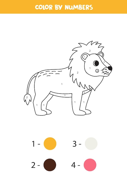 漫画のライオンを数字で色分けする子供向けワークシート