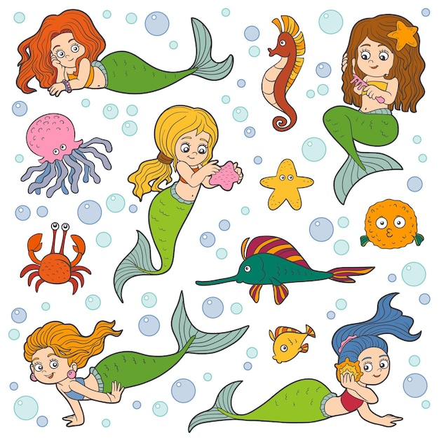 Color cartoon set of cute girls mermaids and fish