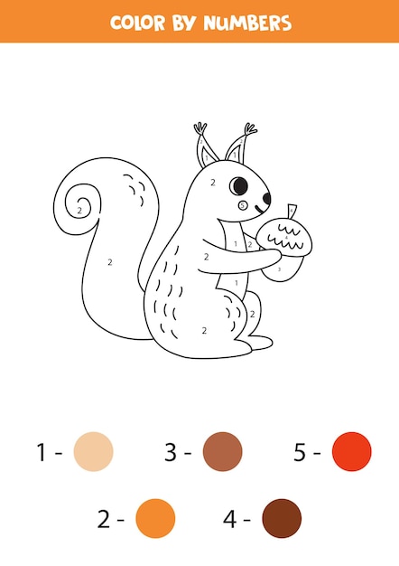 Color cartoon squirrel by numbers Worksheet for kids