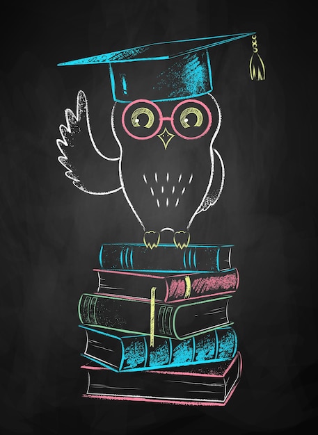 Color chalk drawing of owl sitting on books