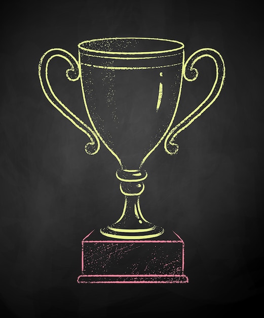 Color chalk drawn illustration of award cup on black chalkboard background