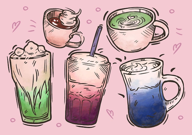 カラー コーヒー イラスト 手描きスケッチ カプチーノ ラテ アメリカーノ エスプレッソ 抹茶