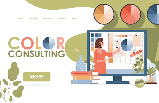 Color consulting vector flat landing page template woman showing color