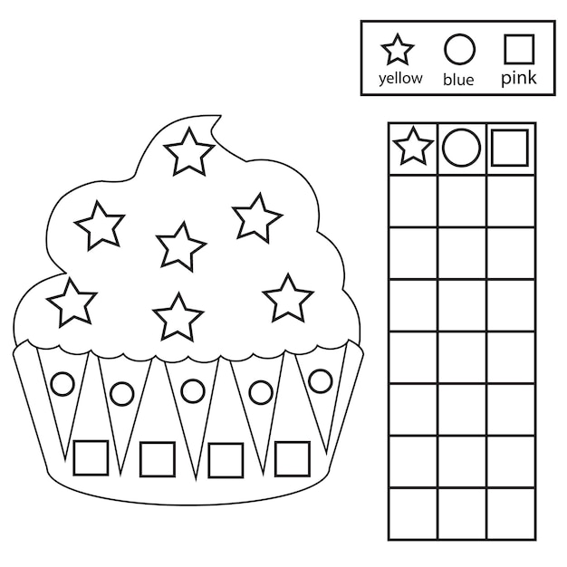 Vector color count and graph educational children game color cupcake and counting shapes printable worksheet for kids and toddlers