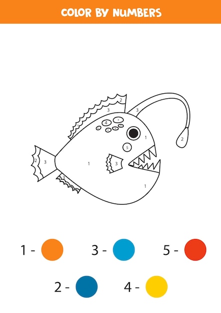 Color cute angler fish by numbers Worksheet for kids