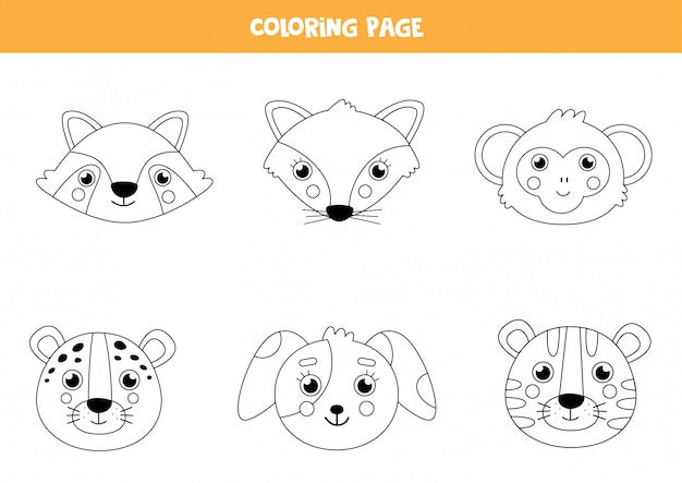 귀여운 동물의 얼굴을 색칠하십시오. 어린이를위한 색칠 공부 페이지.