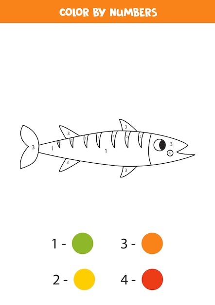 Colora il simpatico barracuda in base ai numeri foglio di lavoro per bambini