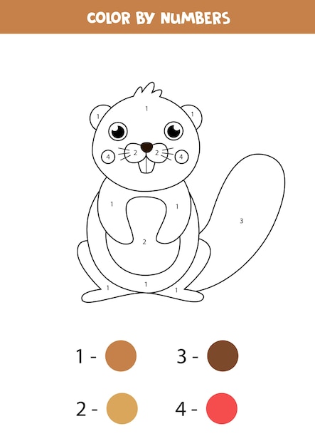 Color cute cartoon beaver by numbers. educational math game for kids. coloring worksheet for children.