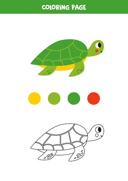 Color cute cartoon green turtle worksheet for kids