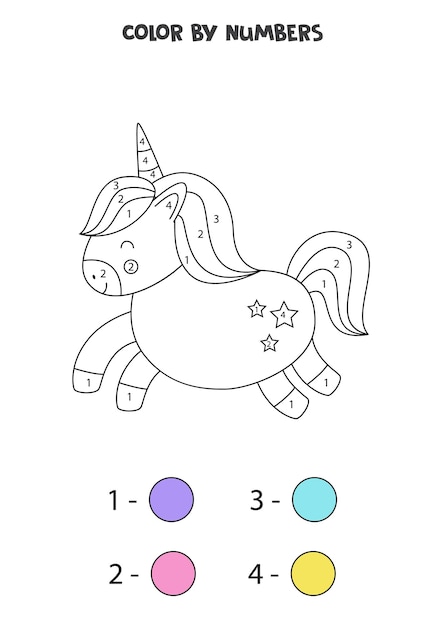 Vettore colora l'unicorno simpatico cartone animato con i numeri. foglio di lavoro per bambini.