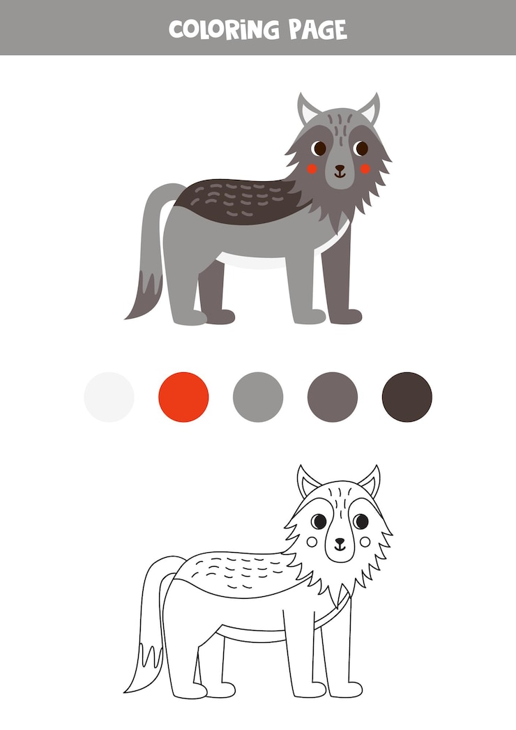 Vector color cute cartoon wolf worksheet for kids