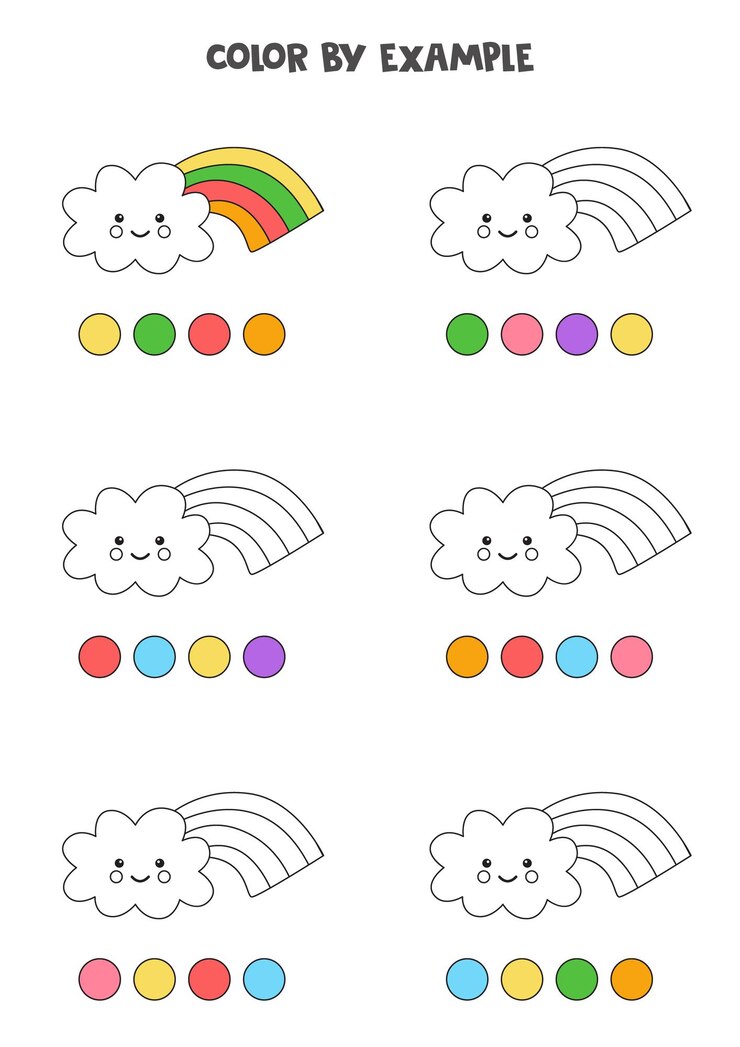 Premium Vector | Color cute clouds with rainbows. educational coloring