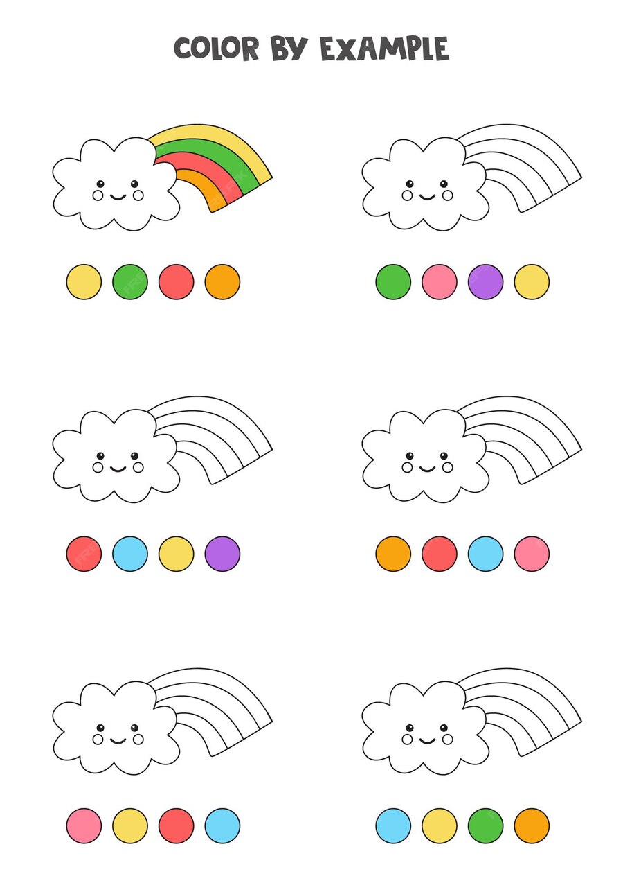Premium Vector | Color cute clouds with rainbows. educational coloring