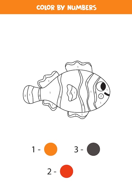 Color cute clownfish by numbers worksheet for kids