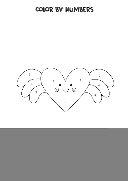 Color cute flying heart by numbers. worksheet for kids.