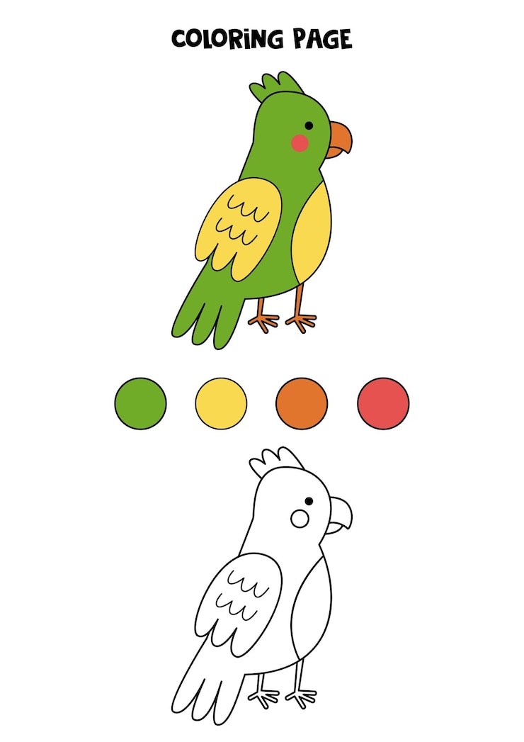子供のための色のかわいい緑のオウムのワークシート