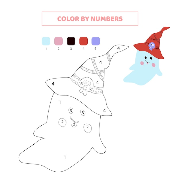 Color cute halloween ghost by numbers. Worksheet for kids.