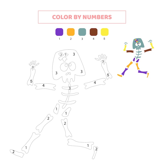 Color cute halloween skeleton by numbers. Worksheet for kids.