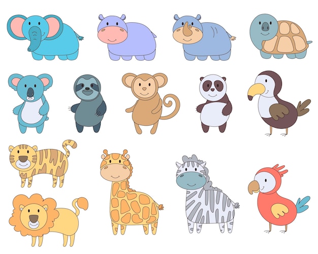 Colore carino set safari selvaggio giungla africana animali leone giraffa elefante tartaruga zebra pappagallo ippopotamo scimmia bradipo rinoceronte panda tigre panda tucano collezione tropicale doodle cartone animato