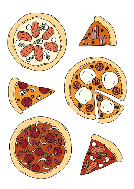 цветный векторный набор различных типов пиццы