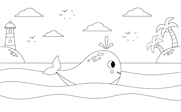 Color farm landscape with cute whale at sea educational coloring page for kids