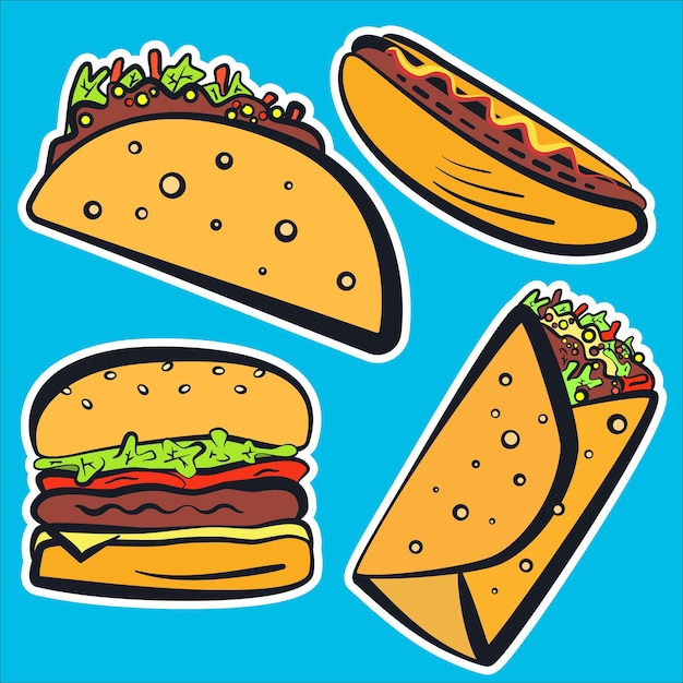 Color fast food with black outline stickers set
