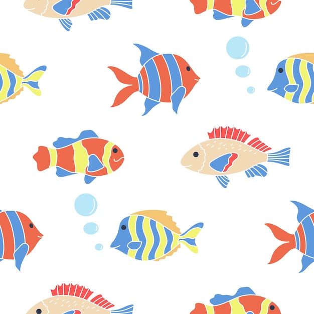 Color fish seamless pattern vector baby seabed background characters swim print for kids design temp