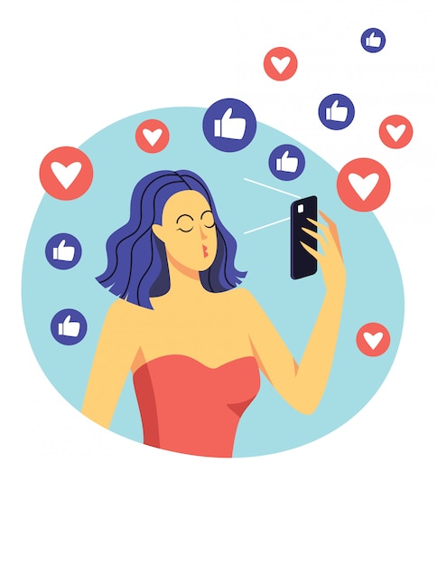 Color  flat style illustration. A girl makes selfie using a mobile phone. Beautiful modern girl posing for a photo. Fashion girl is photographed for social media. Portrait of teen girl