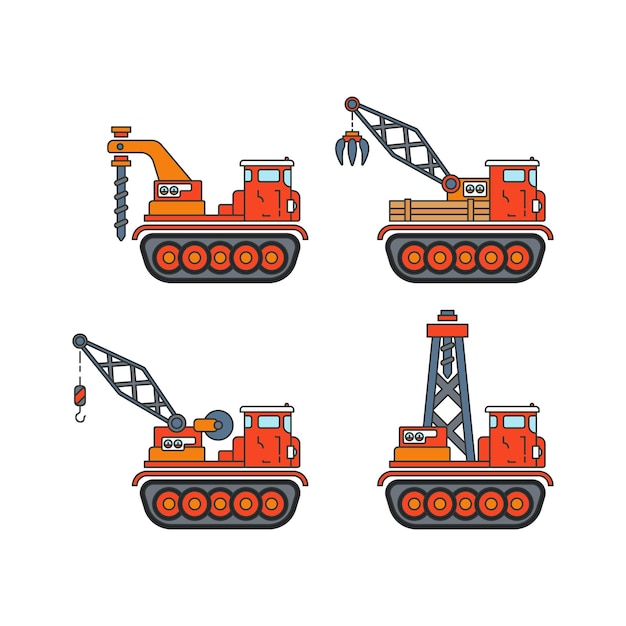 Color flat vector illustration icon set construction machinery caterpillar truck Simple retro style Oil and gas industrial tool transportation Building business engineering Power tractor diesel