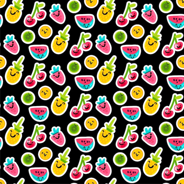 Color fruits emoji seamless vector pattern. Doodle cherry, kiwi, orange stickers on black background