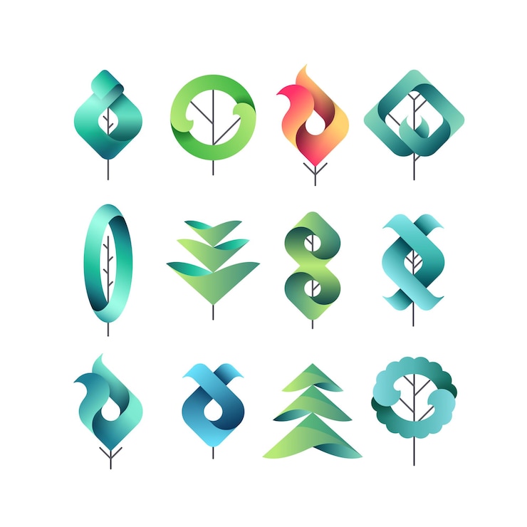 Vector color gadient geometrical leaves, trees, set of isolated symbols, logos, vector  eco and botanical elements.