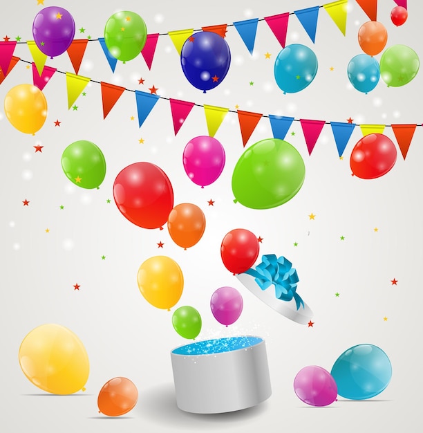 Color Glossy Balloons in Gift Box Background Vector Illustration