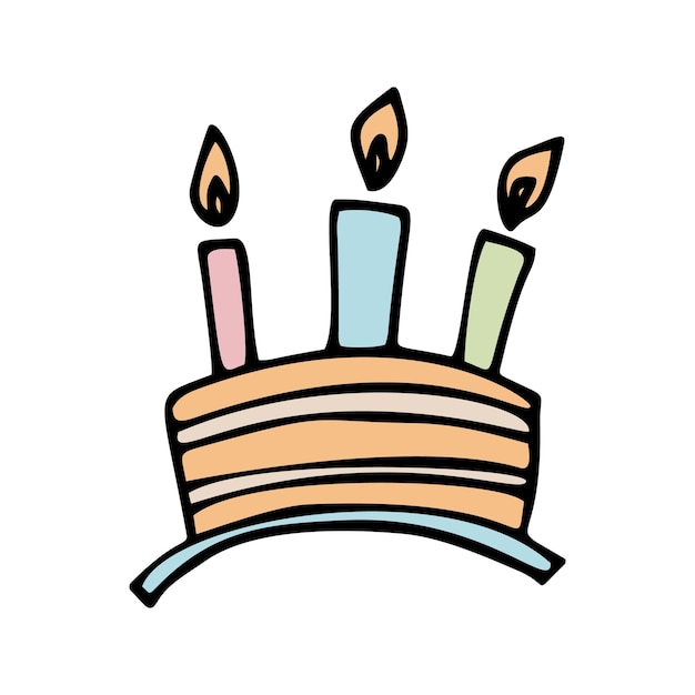 Color hand drawn birthday cake with candles. Doodle vector illustration.