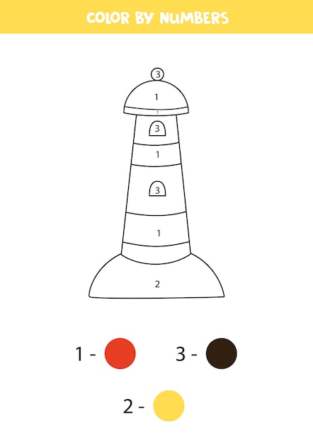 Colore faro disegnato a mano dai numeri foglio di lavoro per bambini