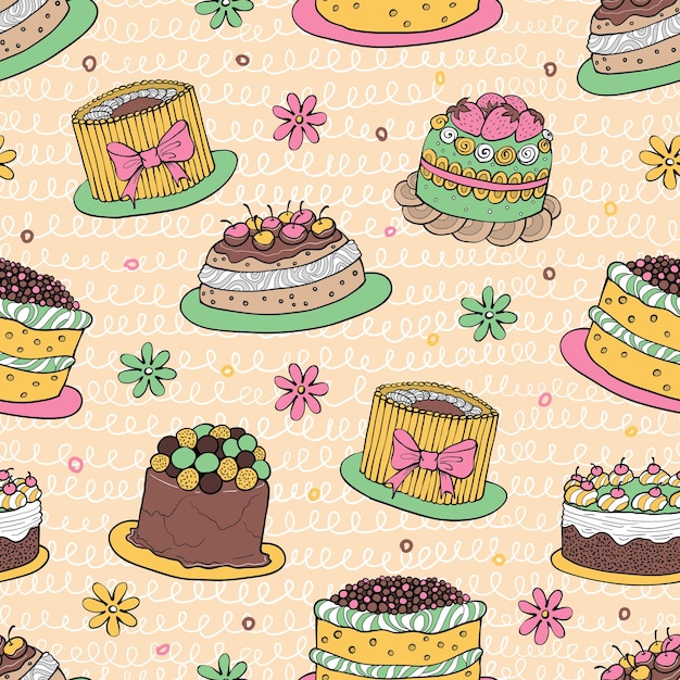 Color handdrawn cake seamless pattern with flowers