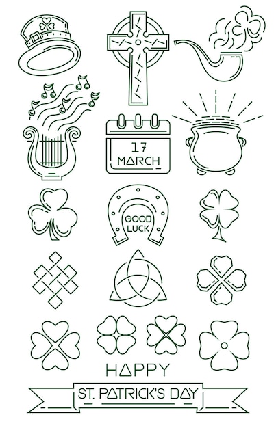 聖パトリックの日のために設定されたカラーアイコンパトリックの日のシンボルコレクションベクトル図
