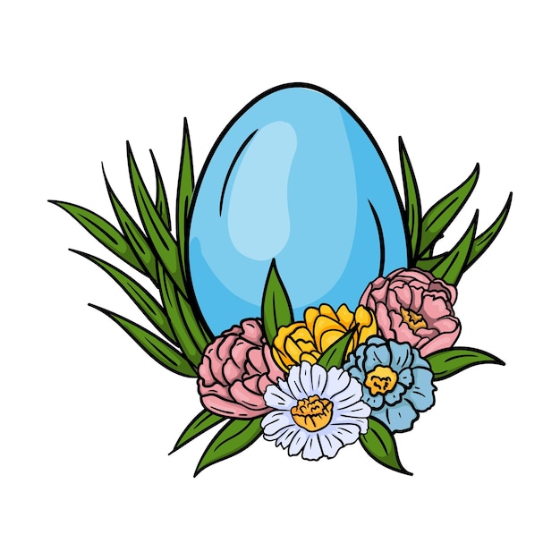 Illustrazione a colori di un uovo di pasqua blu nell'erba e nei fiori immagine isolata su sfondo bianco per