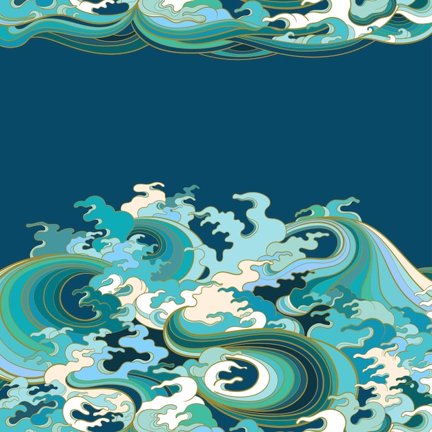 Vector color illustration,  depicting sea waves in traditional oriental style.