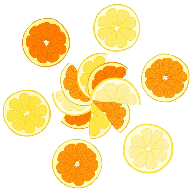 Цветная иллюстрация свежих оранжевых и лимонных кусочков Векторная иллюстрация свежих цитрусовых
