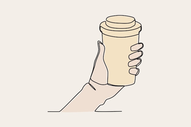 Color illustration of a hand holding a cup of hot coffee International coffee day oneline drawing