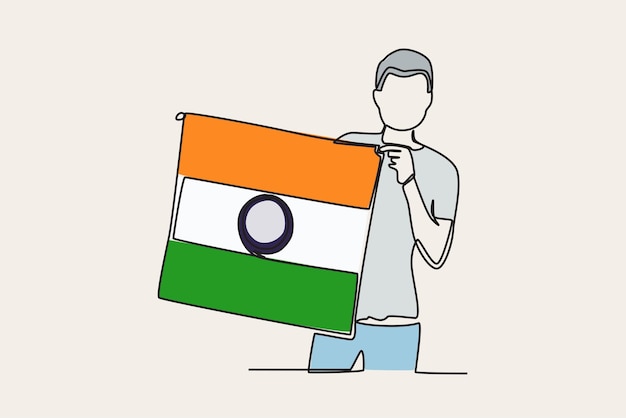 Color illustration of a man holding an Indian flag India independence day oneline drawing