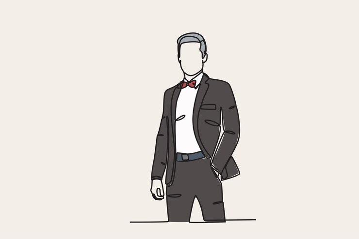 Vector color illustration of a man wearing a suit and bow tie tuxedo oneline drawing