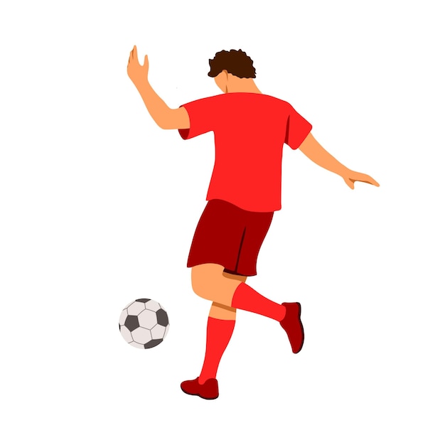 ボールを持ったサッカー選手のカラーイラスト赤いサッカー選手が走り、ボールを蹴るスポーツゲーム白い背景で隔離ベクトルグラフィックス