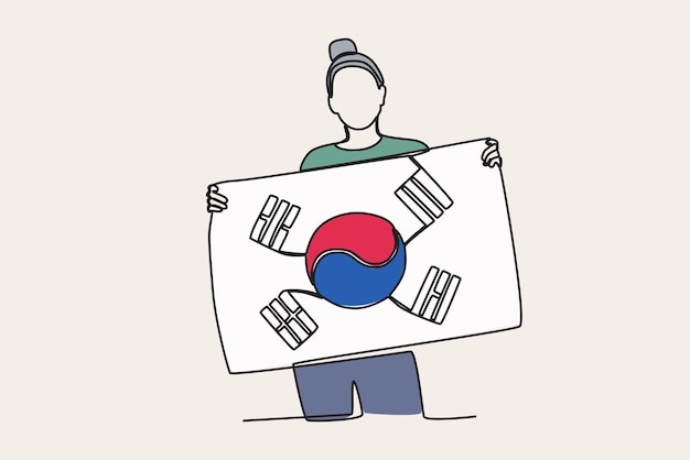 ベクトル 韓国の国旗を持った女性のカラーイラスト 韓国解放記念日 線画