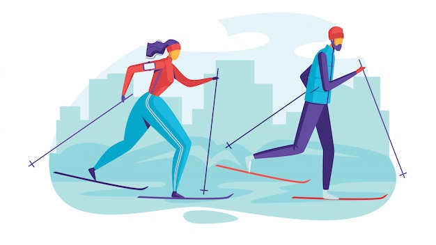 color  illustration people in the park are skiing. flat style poster of seasonal family vacation. 