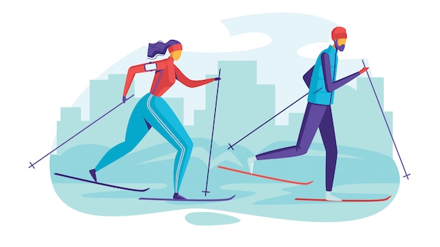 Color  illustration people in the park are skiing. Flat style poster of seasonal family vacation. 